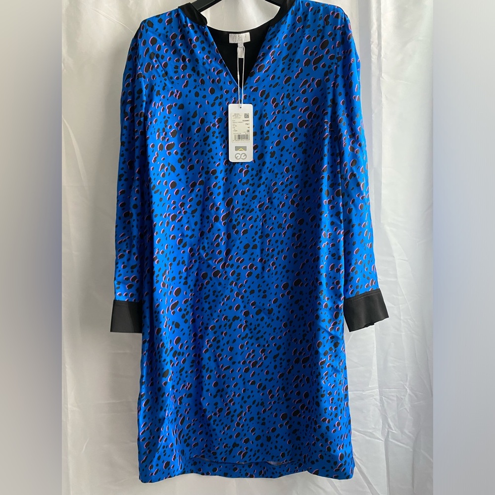 Escada Sport Wear To Work Blue Spotted Dress Longs Sleeve V Neck Size 42, D26